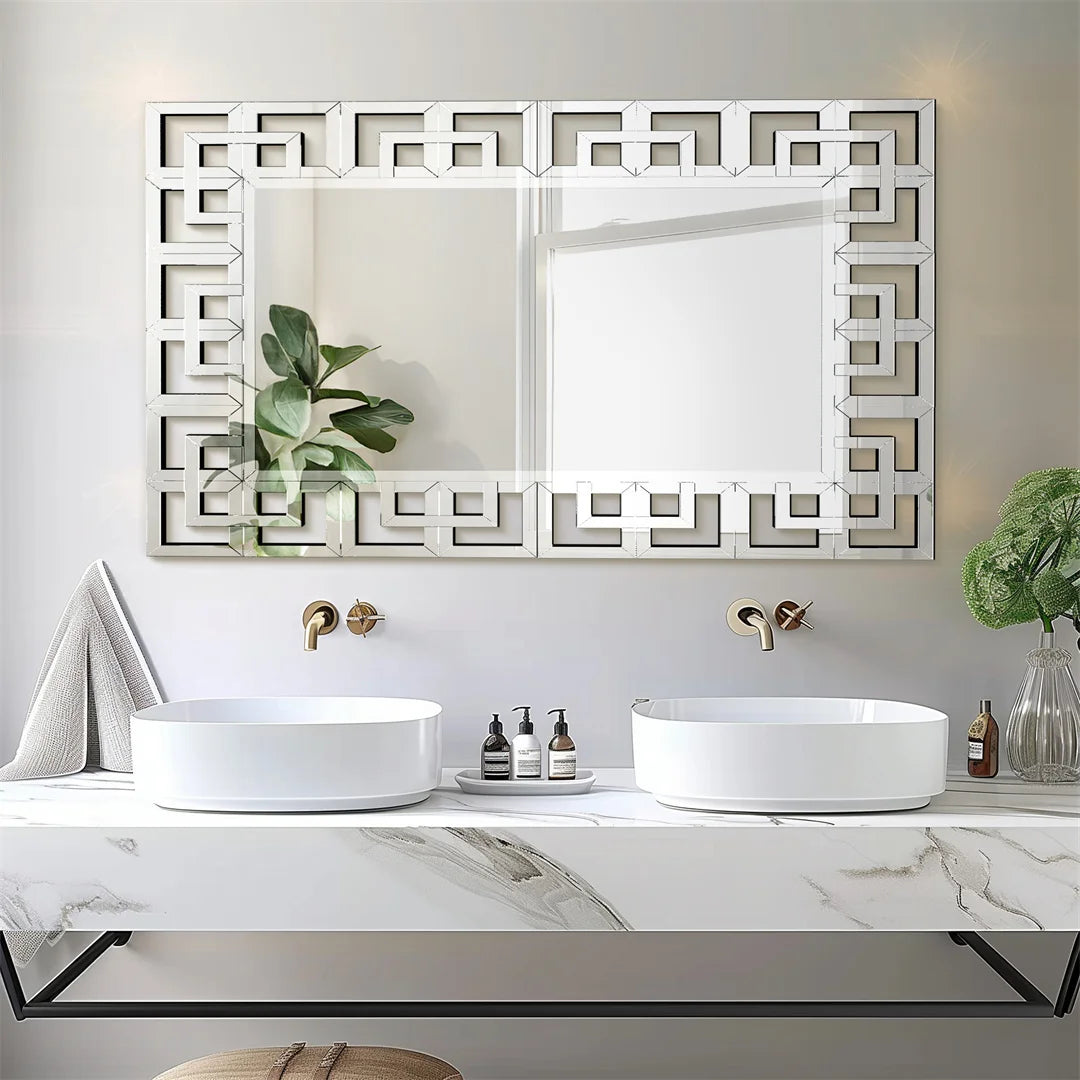 LUVODI 48" Silver Wall Mirror – Elegant Hollow-Out Accent for Living Room, Hallway, or Fireplace