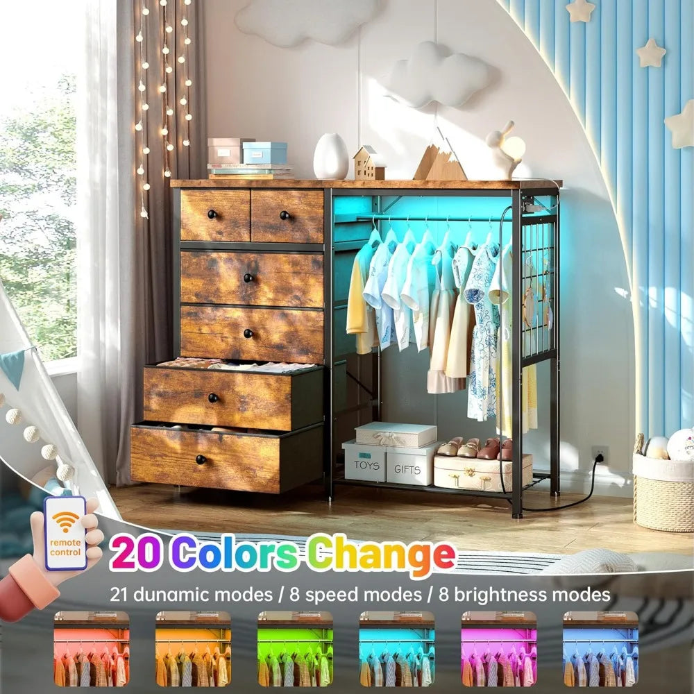 49.2" 6-Drawer Dresser with LED Lights, Charging Station, Fabric Storage Chest, Hanging Rack