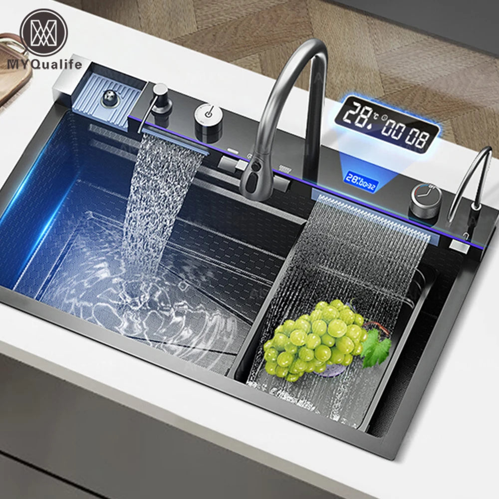 304 Stainless Steel Waterfall Kitchen Sink Set with Digital Faucet, Soap Dispenser & Cup Washer