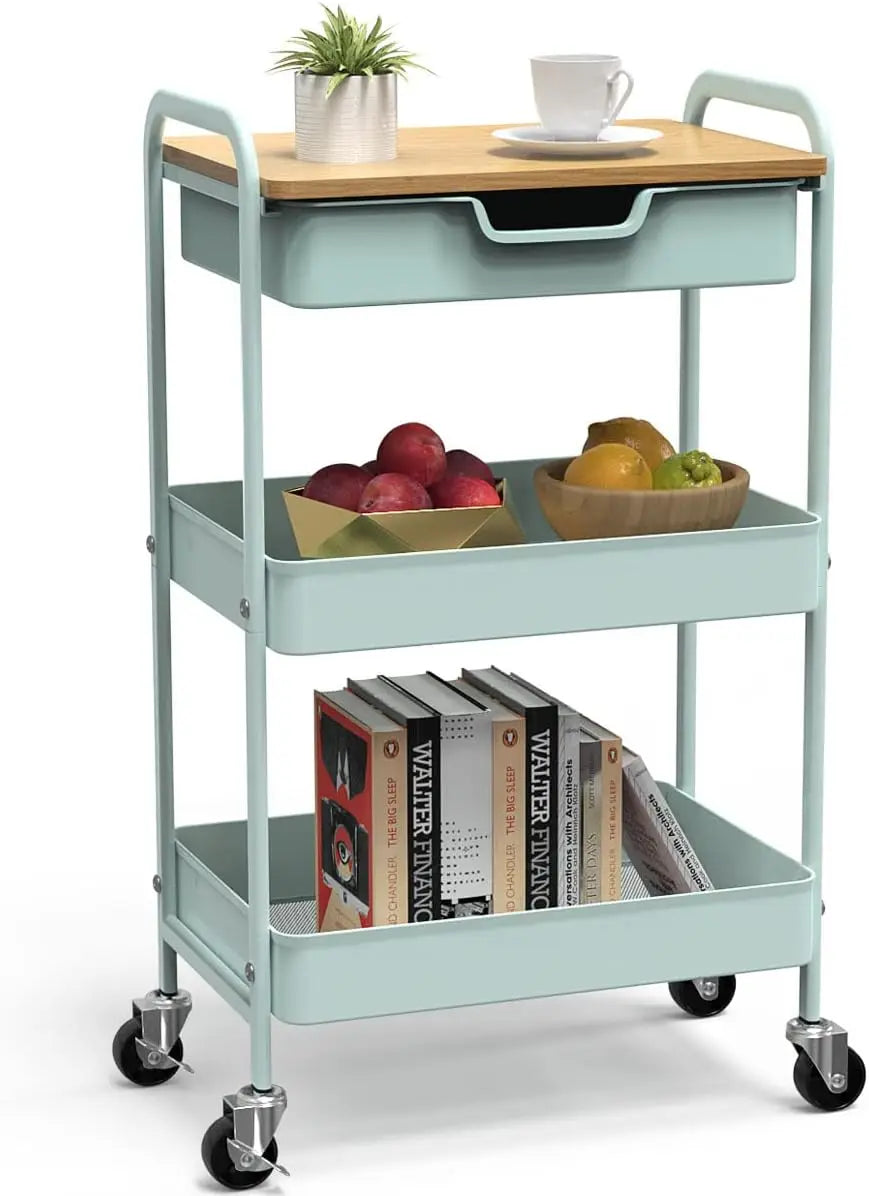 3-Tier Rolling Utility Cart with Drawer and Wood Top – Metal Storage Organizer