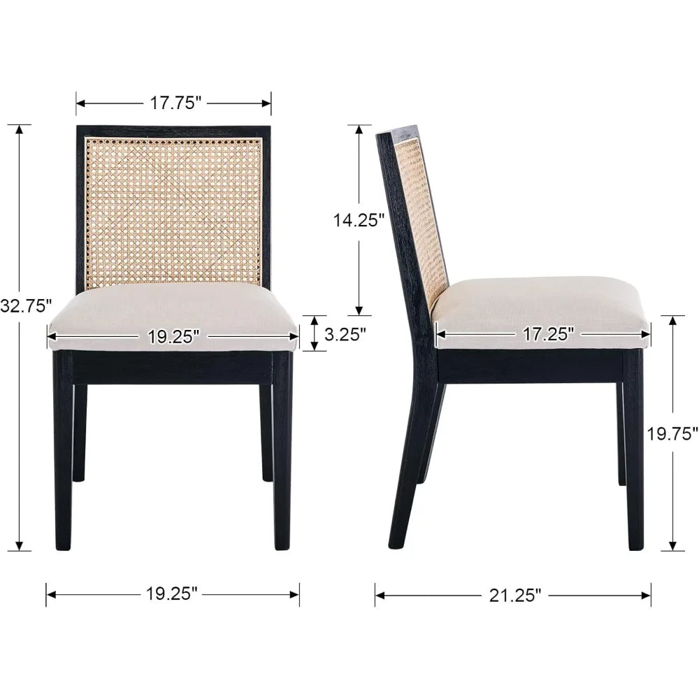 Set of 4 Farmhouse Rattan Dining Chairs, Black Wood & Upholstered
