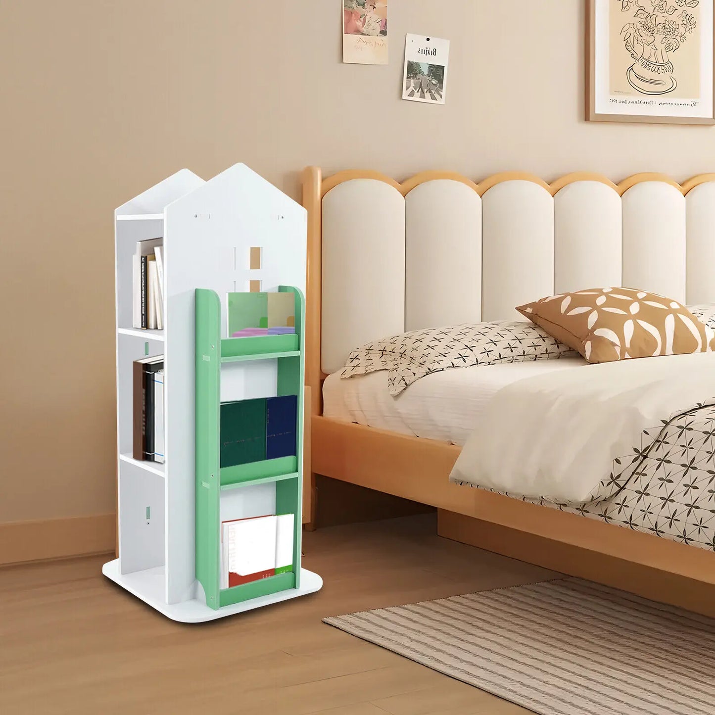 4-Tier Rotating Bookshelf – Freestanding Green Storage & Display Rack