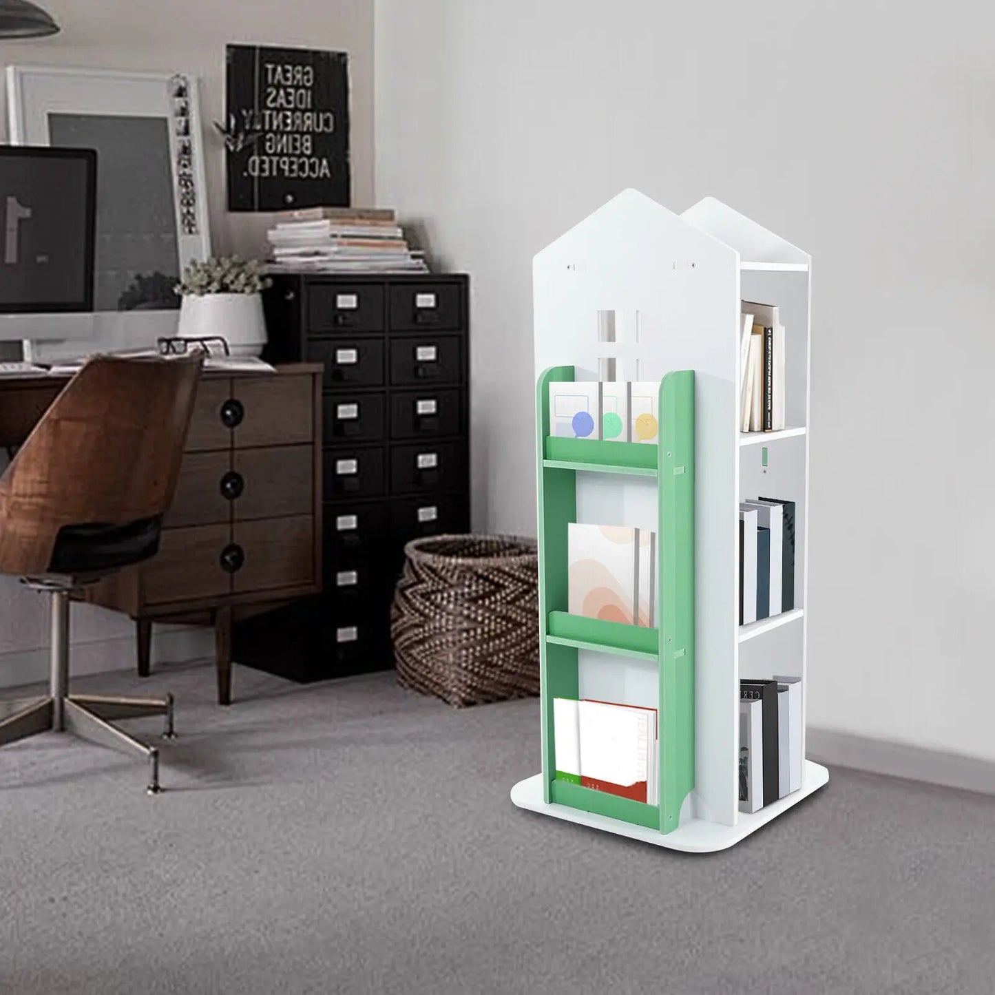 4-Tier Rotating Bookshelf – Freestanding Green Storage & Display Rack
