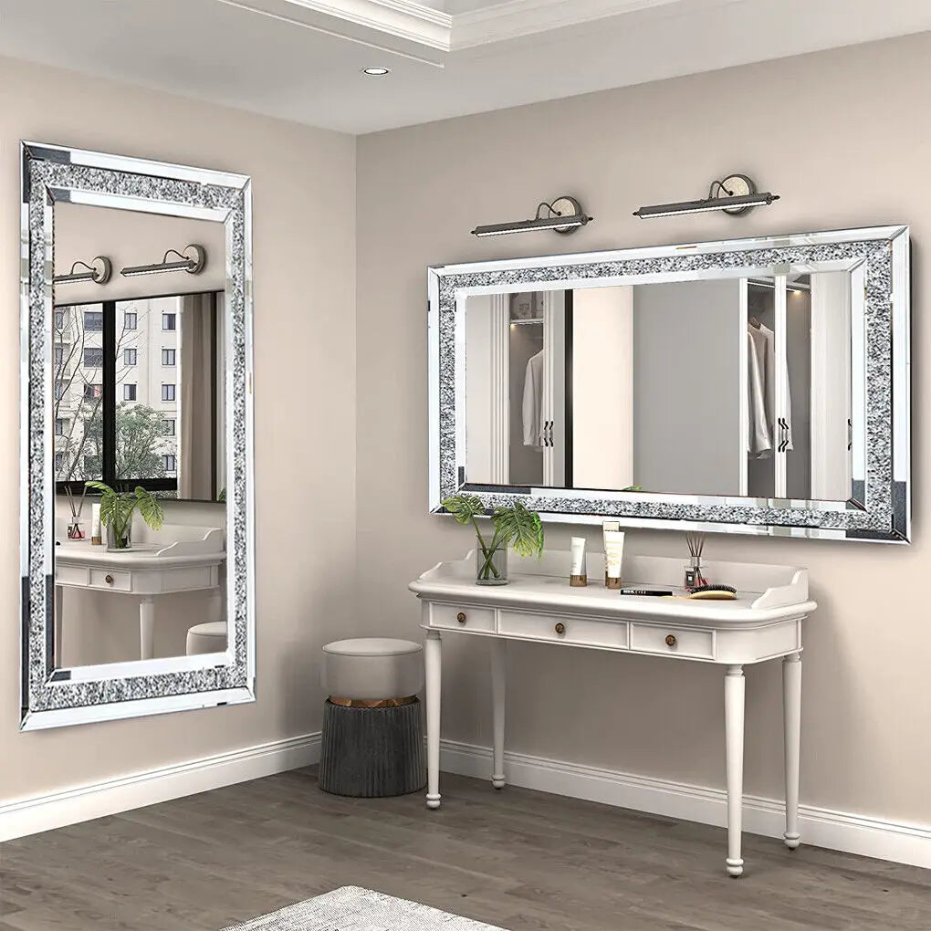LUVODI Large Frameless Vanity Mirror with Silver Crystal Rhinestones