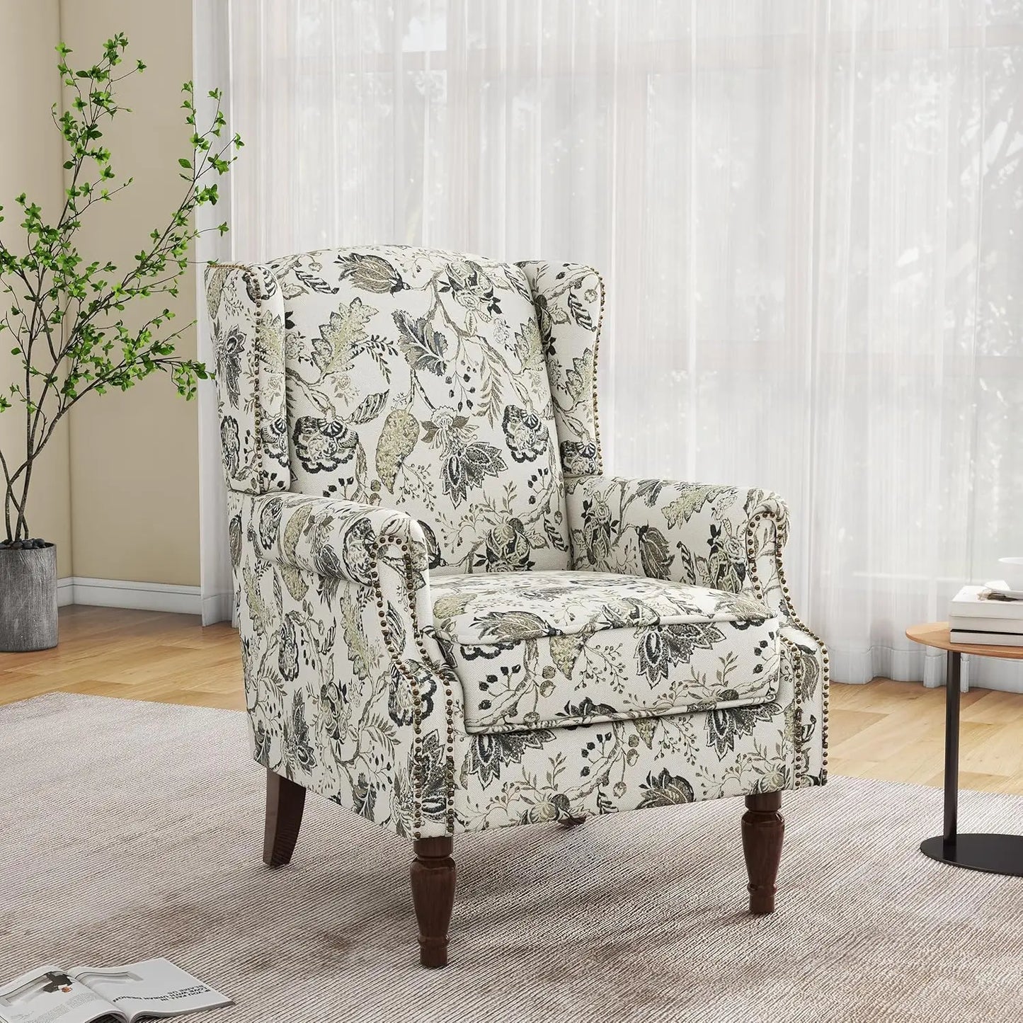 Accent Arm Chair, Upholstered High Back Wingback with Nailhead Trim