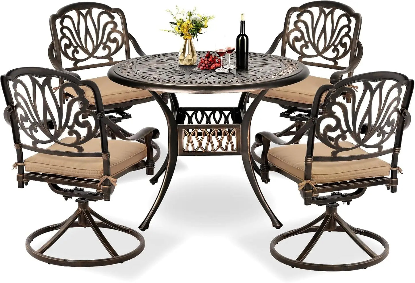 5-Piece Outdoor Patio Dining Set, Cast Aluminum, 4 Swivel Chairs, 35.4" Table
