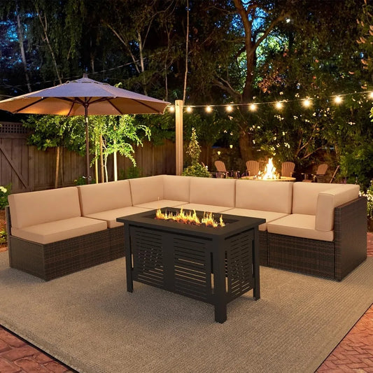 U-MAX 7-Piece Patio Set with Fire Pit – Rattan Sectional Sofa for Outdoor Comfort