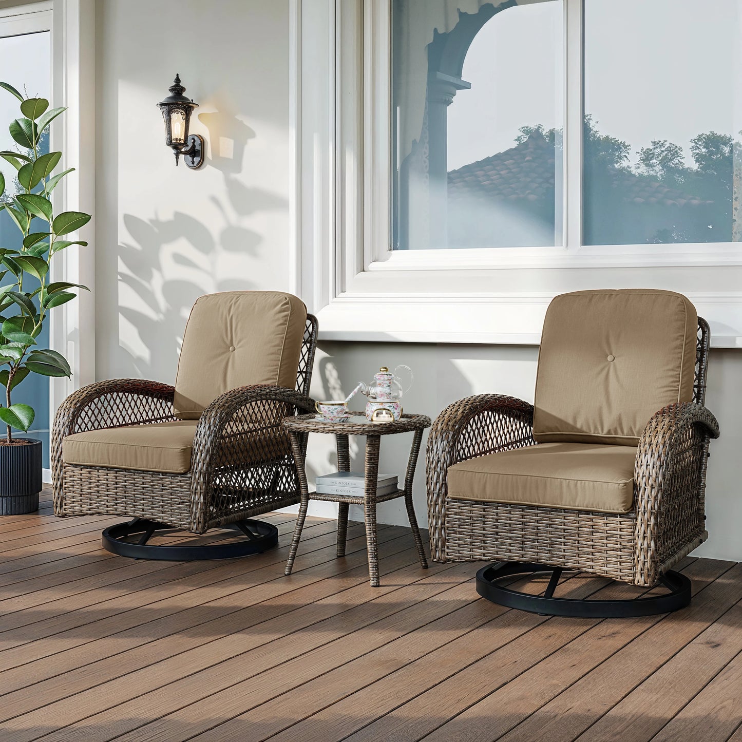 HOOMIC 3-Piece Patio Bistro Set – Swivel Rocking Chairs with Cushions & Side Table