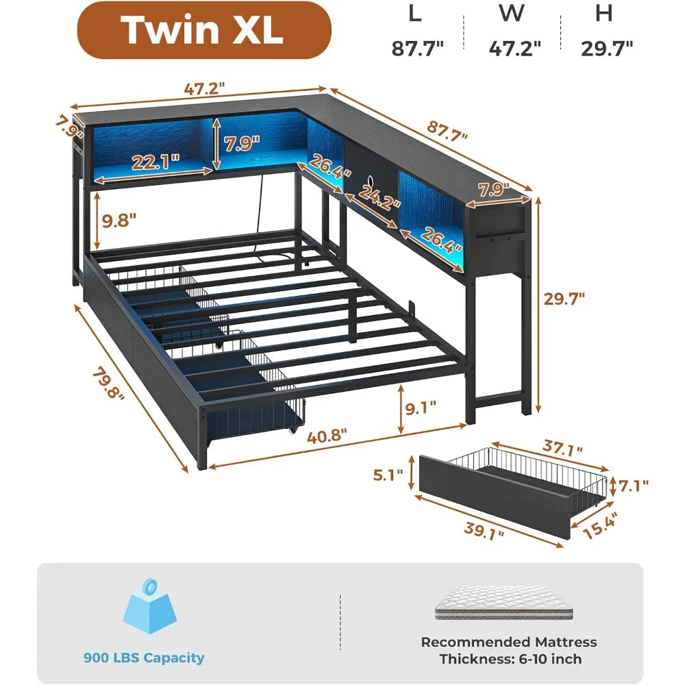 ✅ Twin XL Corner Bed Frame – Bookcase Headboard, LED Lights, Storage Drawers & Built-In Charging Station