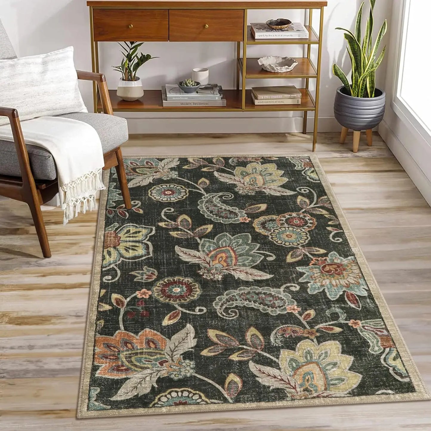 Washable Floral Paisley 3x5 Area Rug, Non-Slip Vintage Accent for Entryway