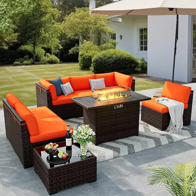 8-Piece Outdoor Patio Set with 44'' Gas Fire Pit – Rattan Sectional Conversation Furniture