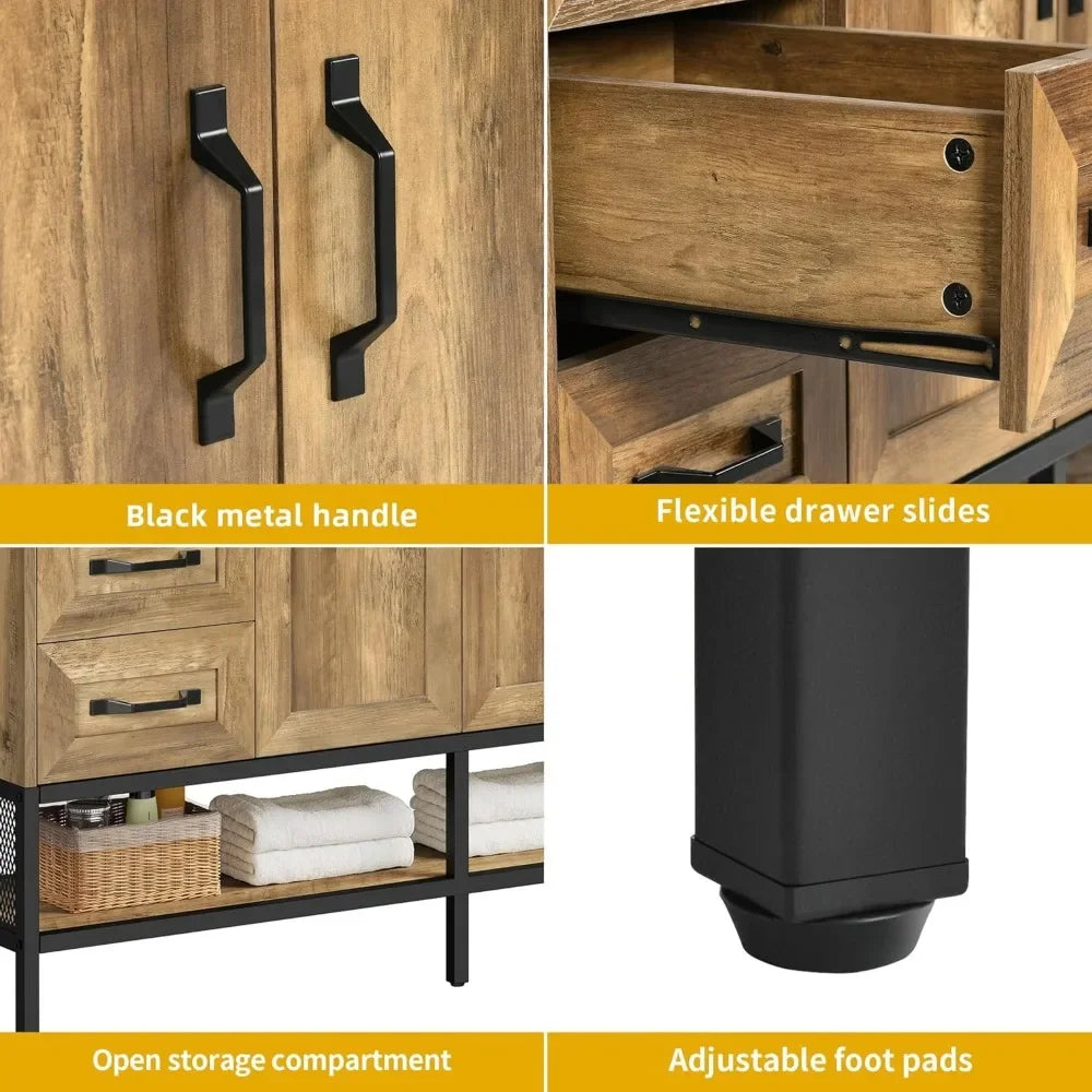 48" Double Rustic Bathroom Vanity Set with Double Sinks, Side Cabinet, Tempered Glass Vessel Sinks