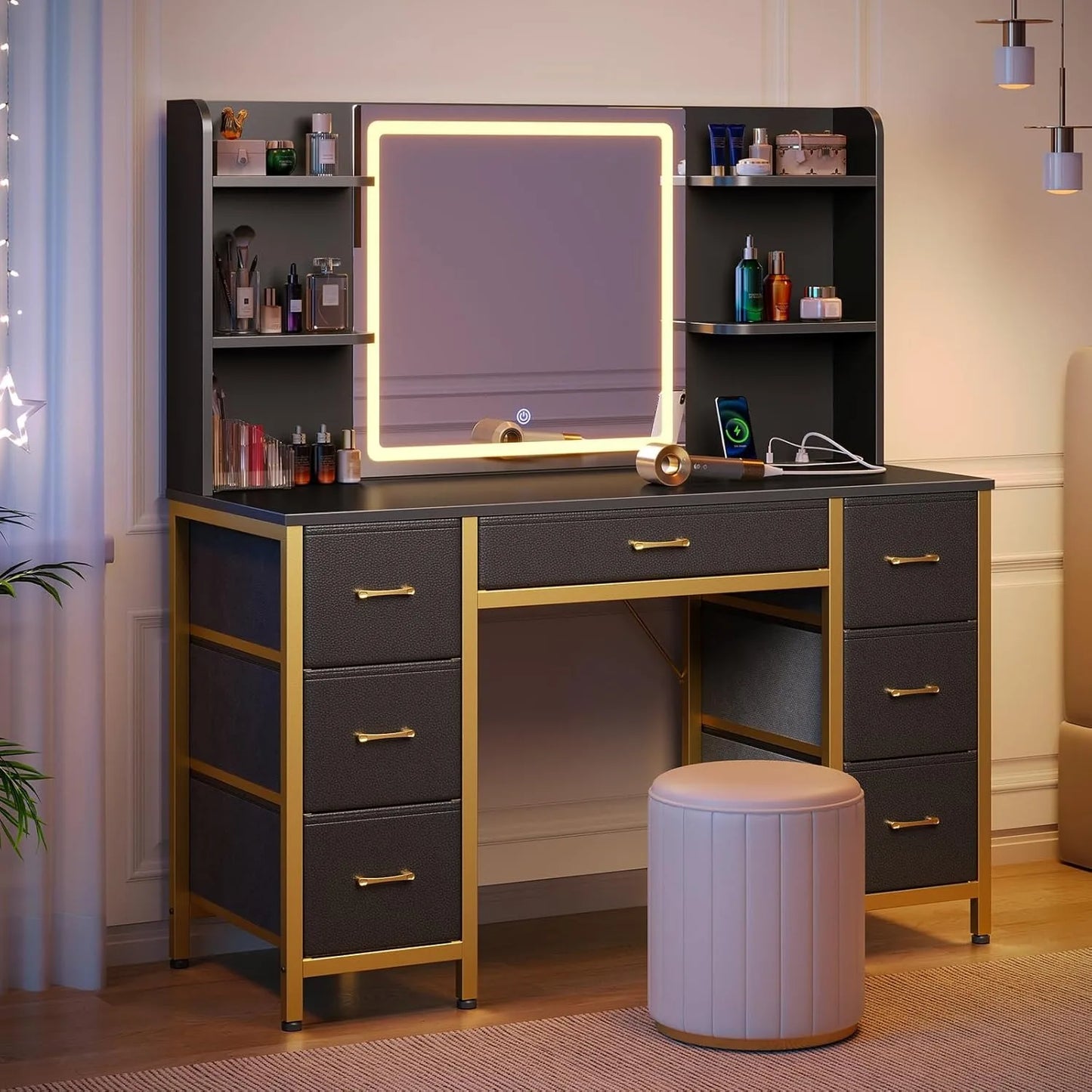 Vanity Desk with Lighted Mirror, Power Outlet & 7 Drawers, 6 Shelves, 3 Lighting Modes
