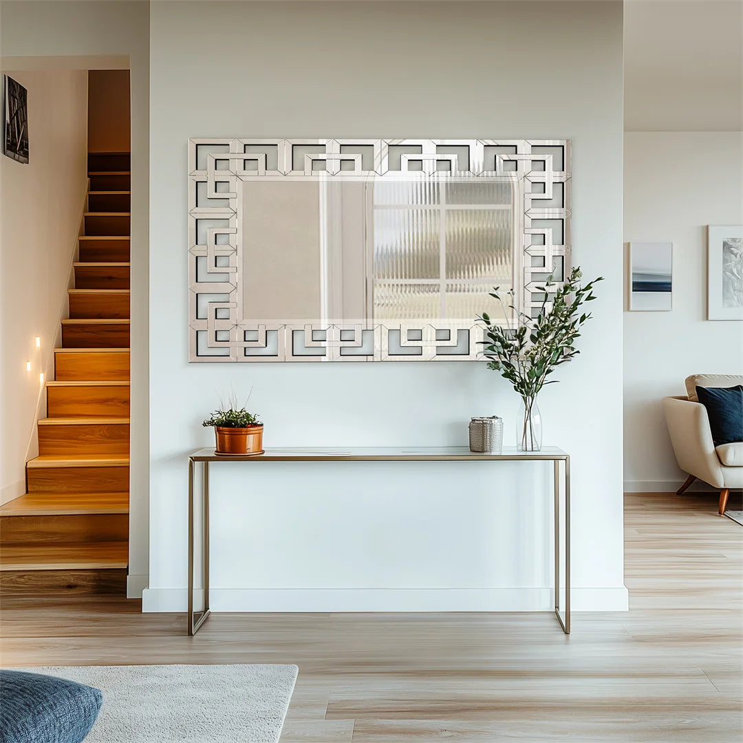 LUVODI 48" Silver Wall Mirror – Elegant Hollow-Out Accent for Living Room, Hallway, or Fireplace