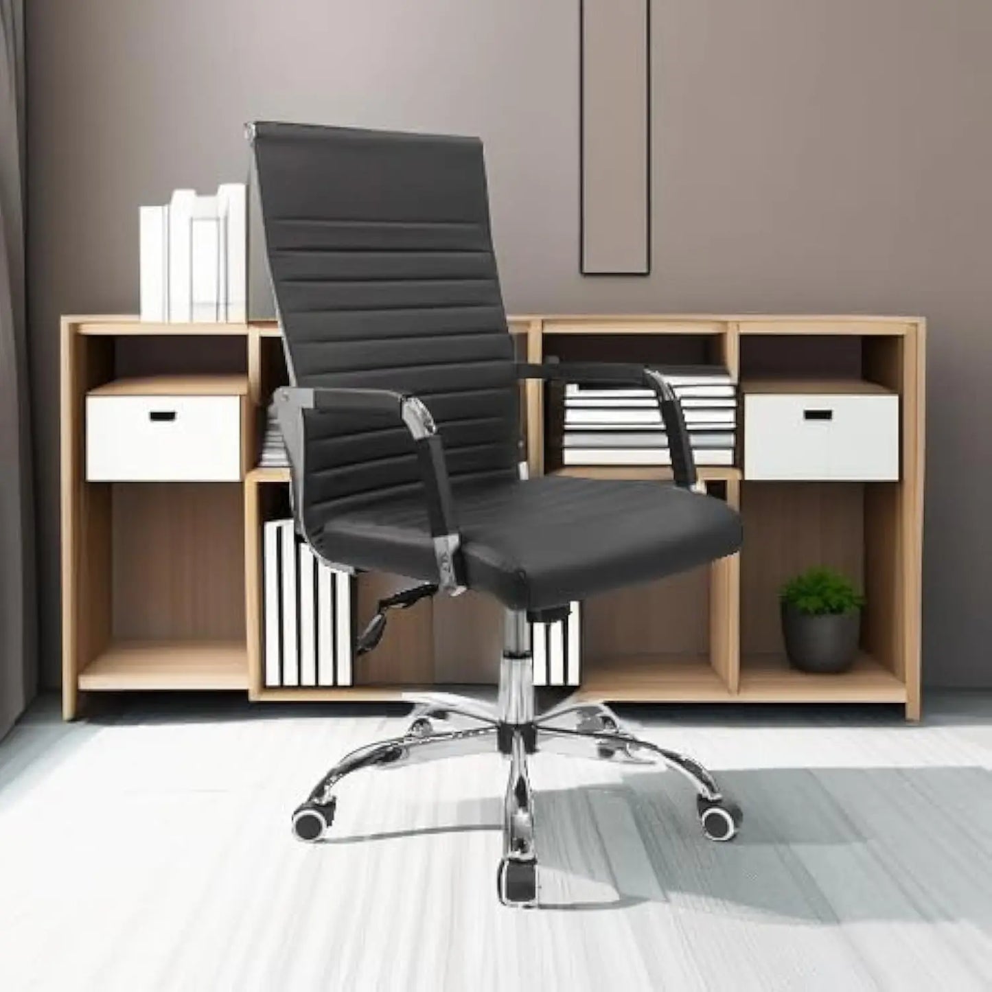 Ribbed Office Desk Chair Mid Back PU Leather Adjustable Swivel Chair with Arms