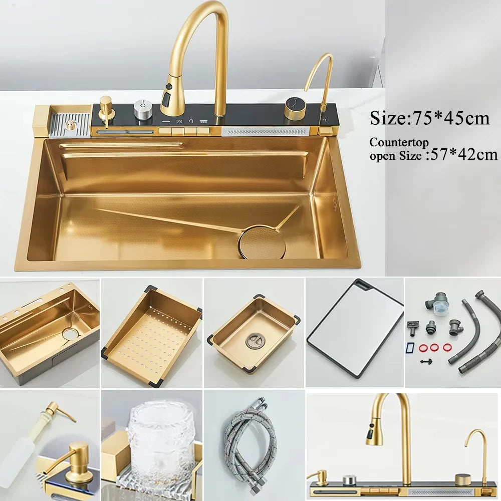 304 Stainless Steel Waterfall Kitchen Sink Set with Digital Faucet, Soap Dispenser & Cup Washer