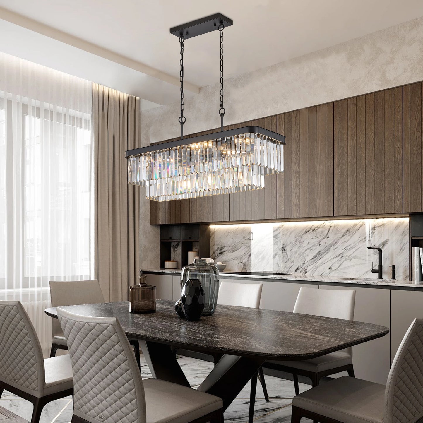 Adjustable Rectangular Crystal Chandelier, E12 Modern Industrial Farmhouse Iron Ceiling Light