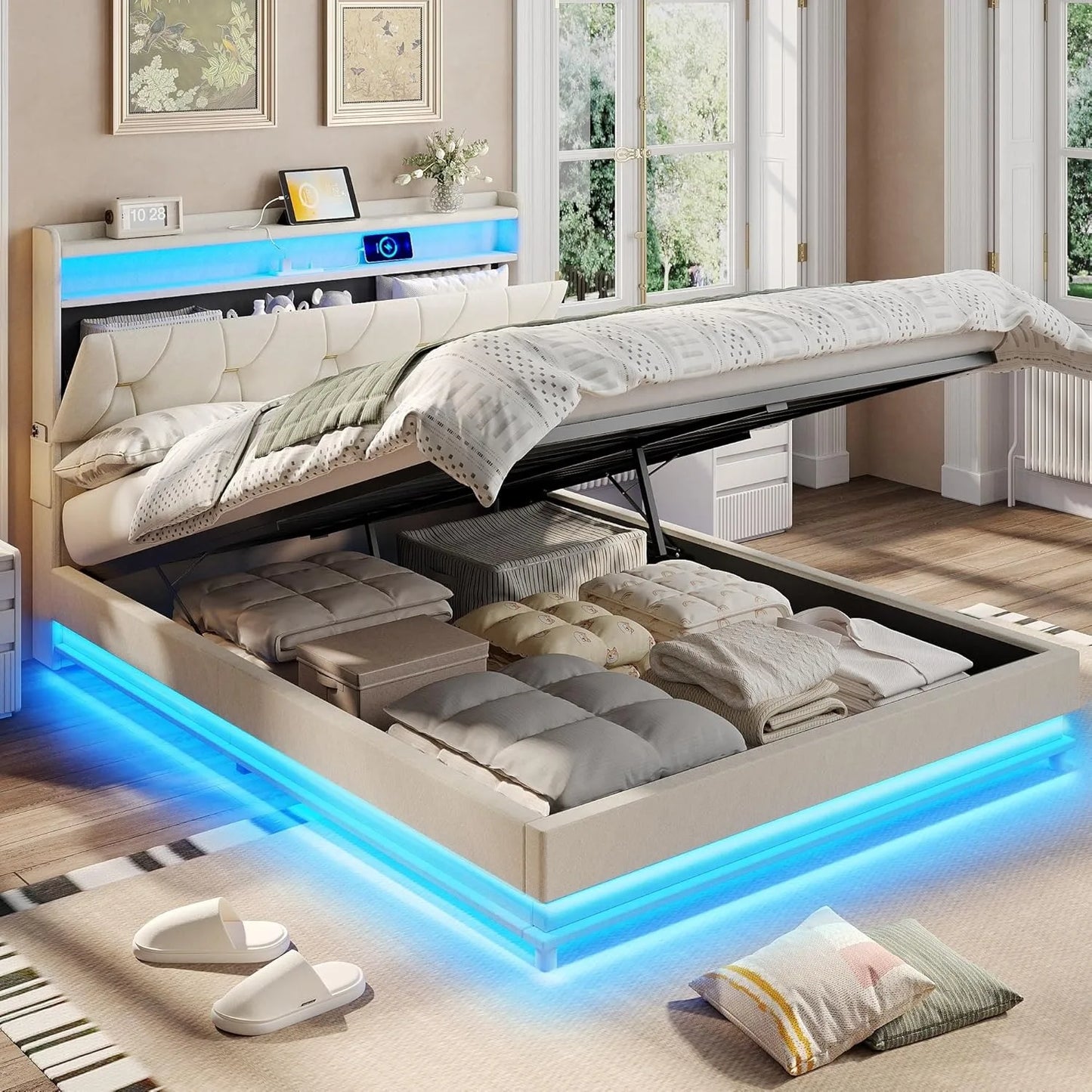 Queen Size Lift-Up Storage Bed with Headboard, LED, Charging Station