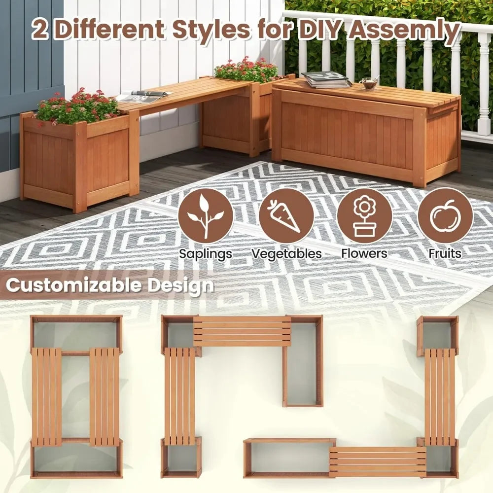 Rustic Garden Bed with Bench – Deep Wooden Planter Box for Outdoor Growing