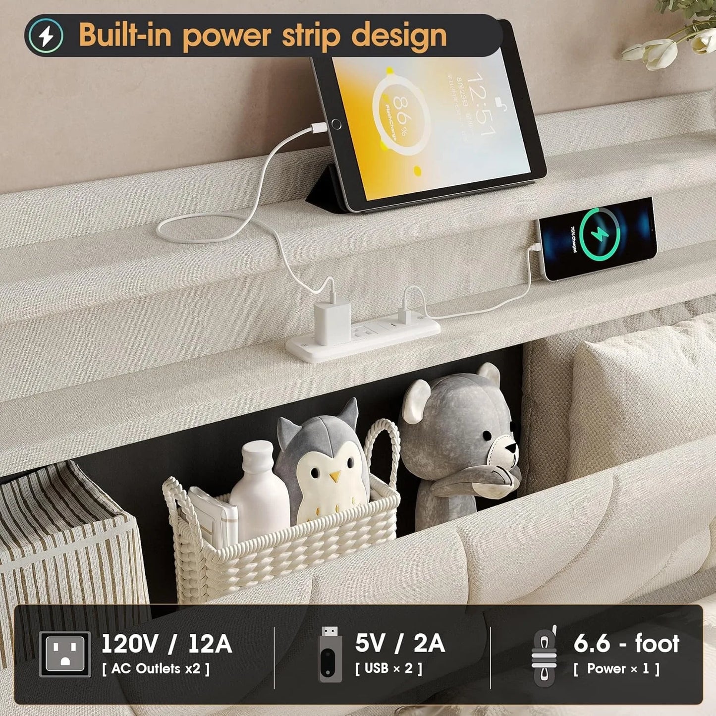 Queen Size Lift-Up Storage Bed with Headboard, LED, Charging Station