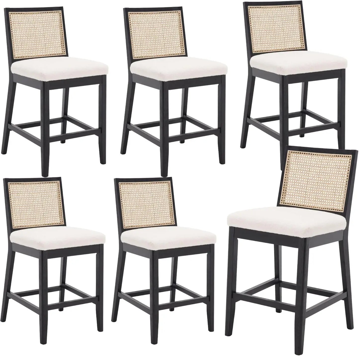 26" Modern Farmhouse Rattan Bar Stools – Upholstered Counter-Height with Backrest