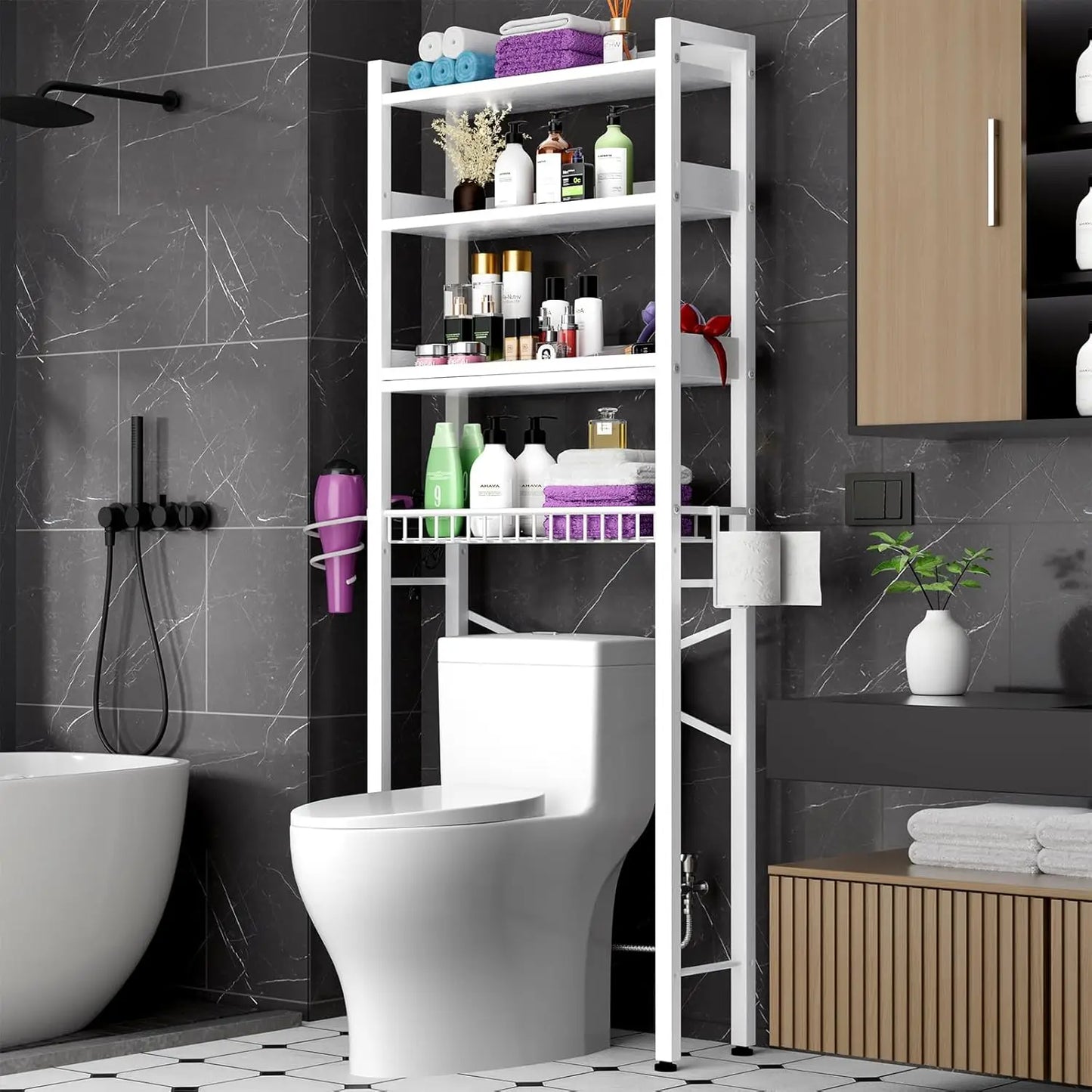 4-Tier Over-the-Toilet Storage Cabinet with Adjustable Shelf & Basket