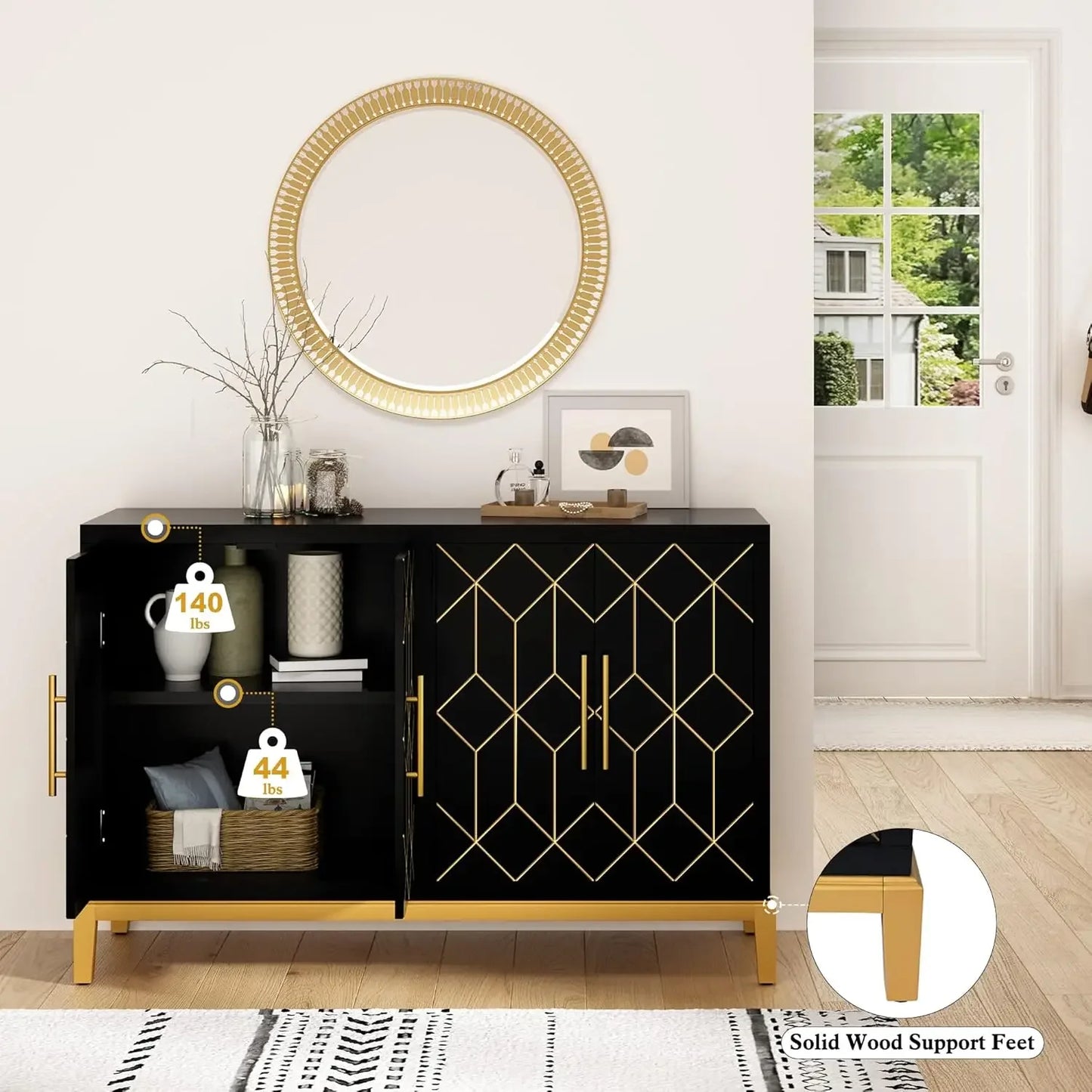 Accent Cabinet with 4 Doors & Shelves Gold Black