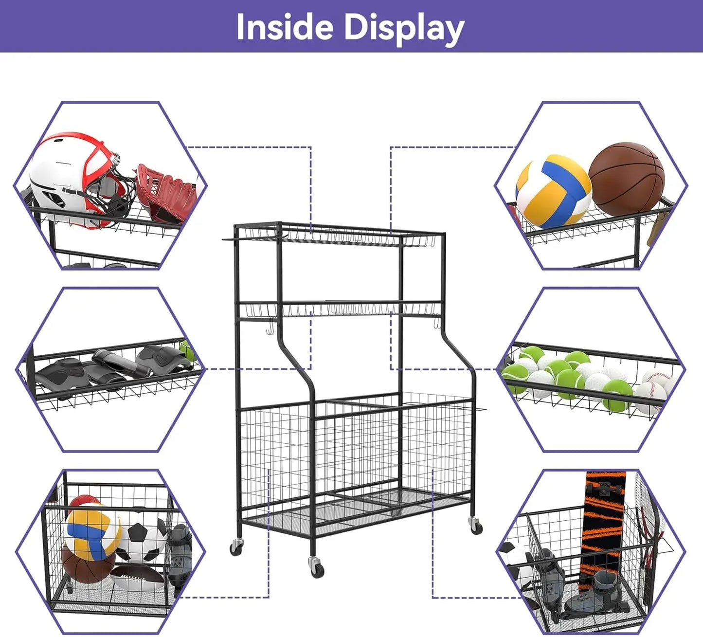 Garage Ball and Sports Equipment Organizer, Kids Ball Storage Rack Indoor/Outdoor.