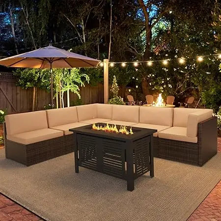U-MAX 7-Piece Patio Set with Fire Pit – Rattan Sectional Sofa for Outdoor Comfort
