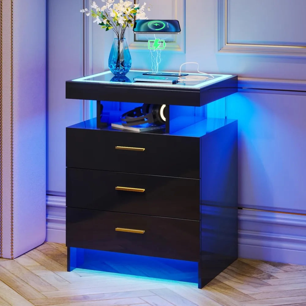 3-Drawer LED Nightstand with Wireless Charger and 3-Mode Sensor Light