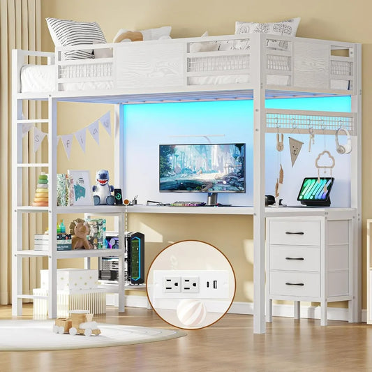 LED Twin Loft Bed with Desk & Drawers