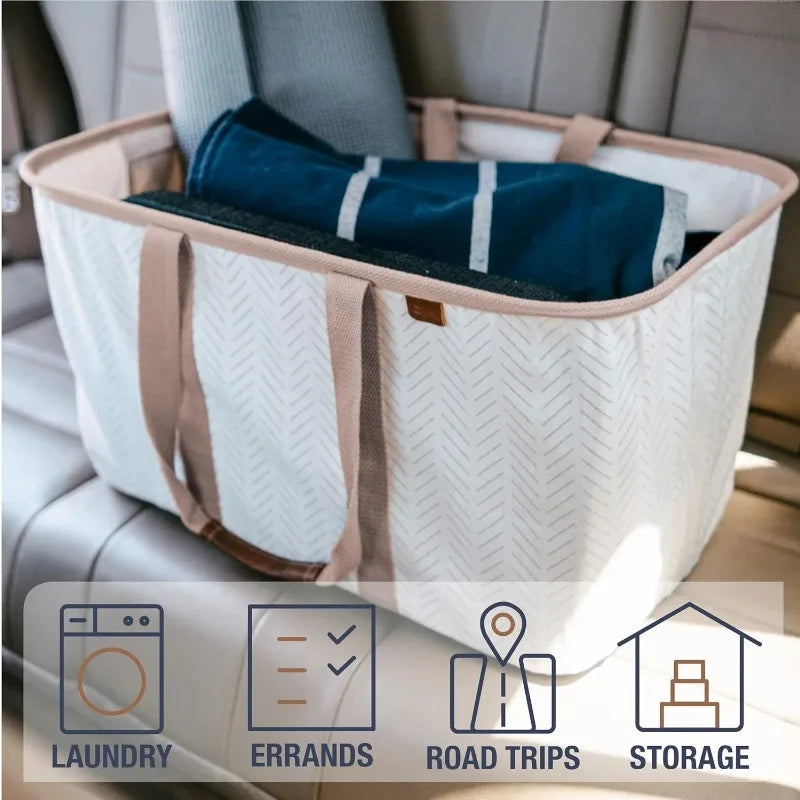 Luxe Herringbone Collapsible Laundry Tote - 2-Pack 50L, Foldable Storage Bins