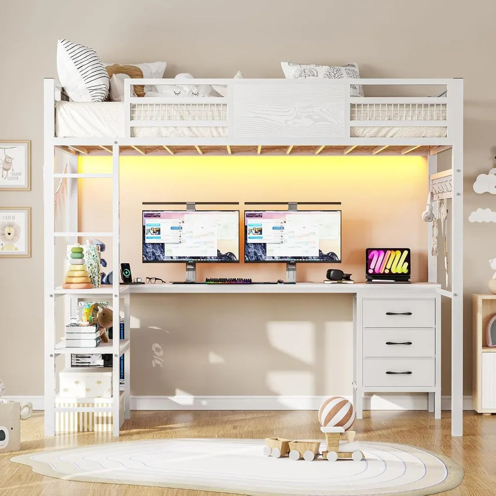 LED Twin Loft Bed with Desk & Drawers