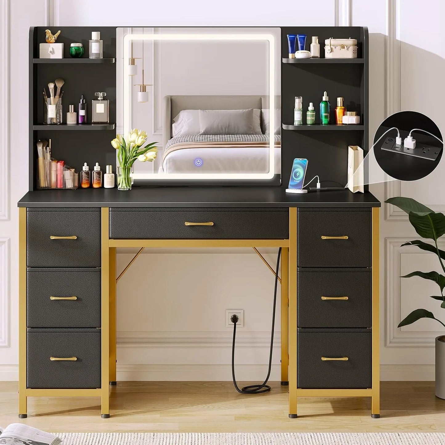Vanity Desk with Lighted Mirror, Power Outlet & 7 Drawers, 6 Shelves, 3 Lighting Modes