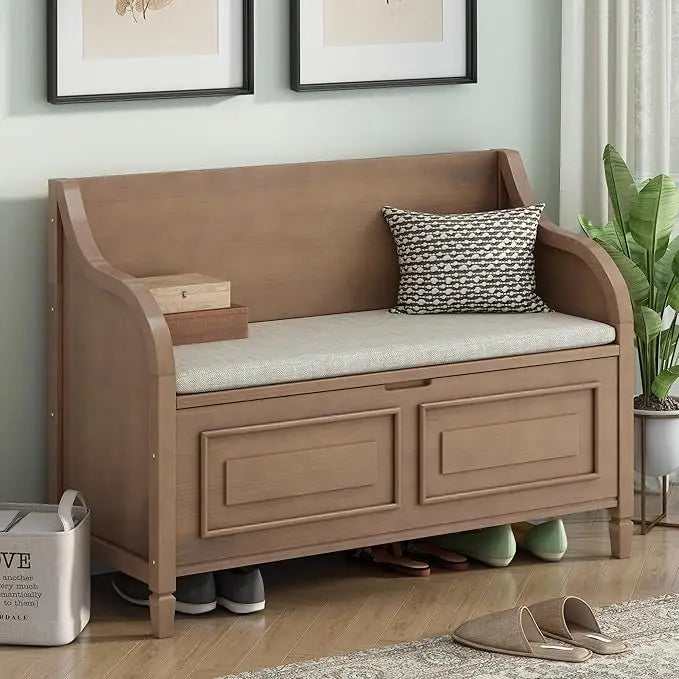 Multifunctional Entryway Wooden Storage Bench with Shoe Cabinet and Safety Hinge