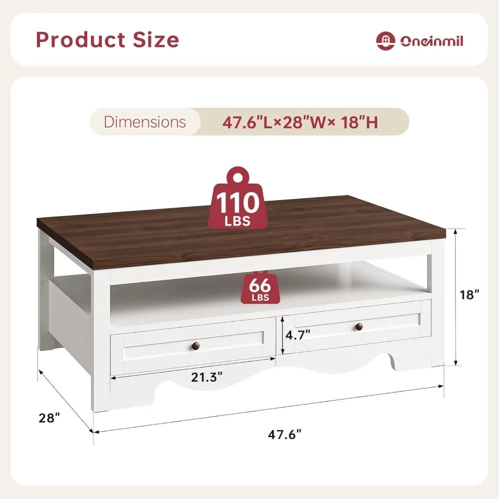 47.6" Farmhouse Coffee Table with Storage