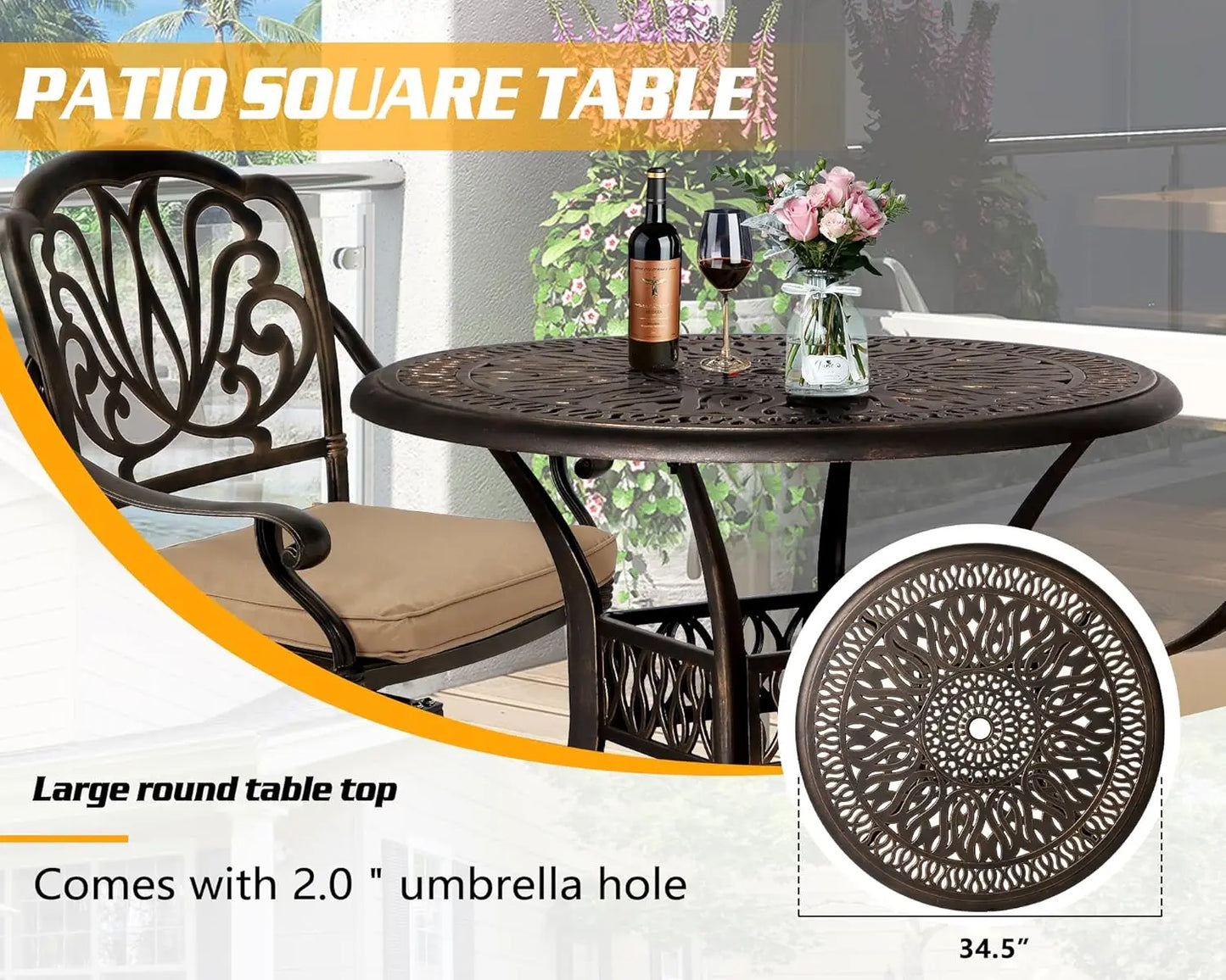 5-Piece Outdoor Patio Dining Set, Cast Aluminum, 4 Swivel Chairs, 35.4" Table