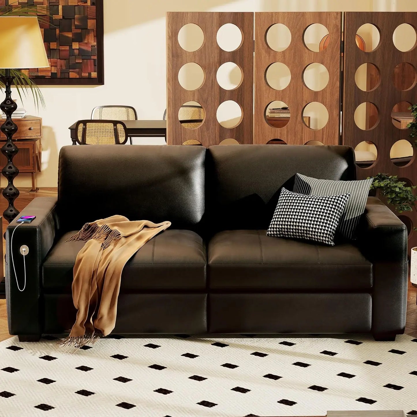 89" Faux Leather Sofa with USB/Type-C, Removable Cushions, Wide Armrests