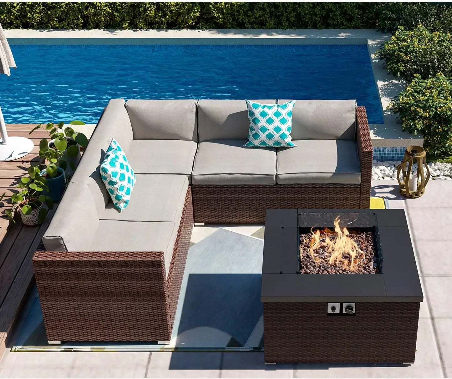 🌿 6-Piece Outdoor Wicker Patio Set | Sofa Comes with Gray or Sky Blue Cushions