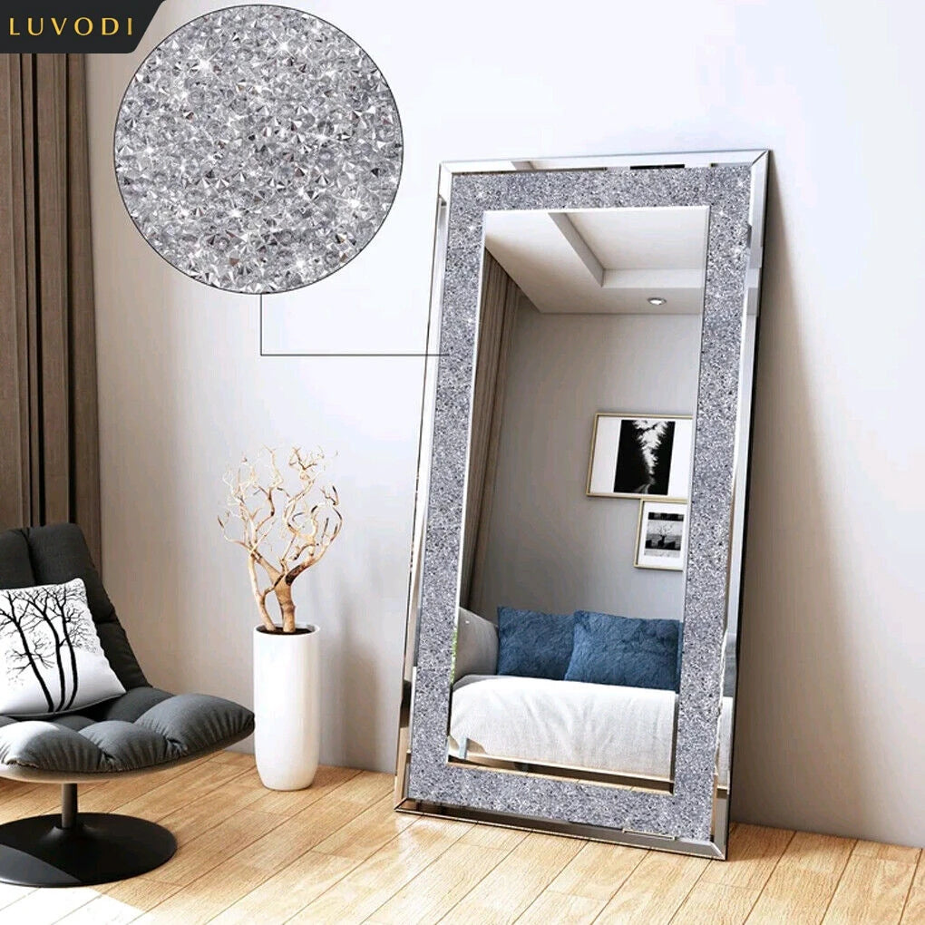 LUVODI Large Frameless Vanity Mirror with Silver Crystal Rhinestones
