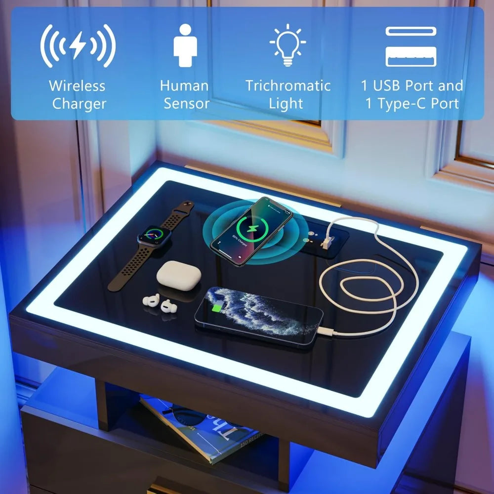 3-Drawer LED Nightstand with Wireless Charger and 3-Mode Sensor Light