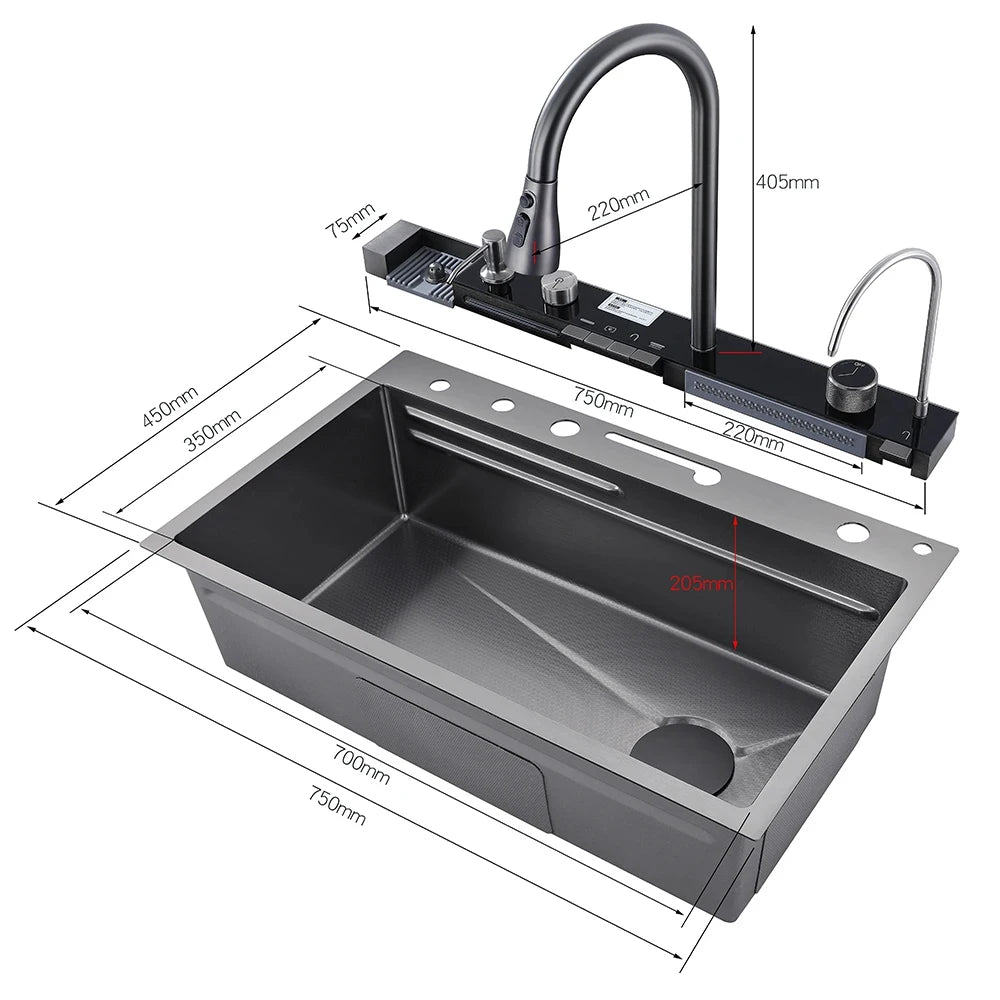 304 Stainless Steel Waterfall Kitchen Sink Set with Digital Faucet, Soap Dispenser & Cup Washer