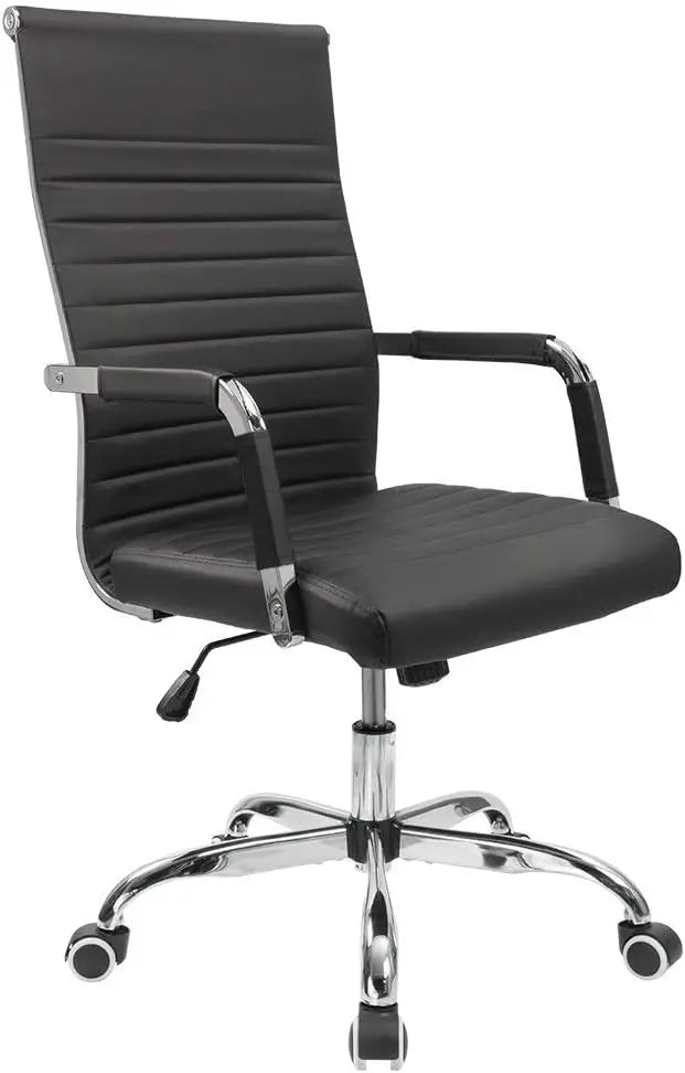 Ribbed Office Desk Chair Mid Back PU Leather Adjustable Swivel Chair with Arms