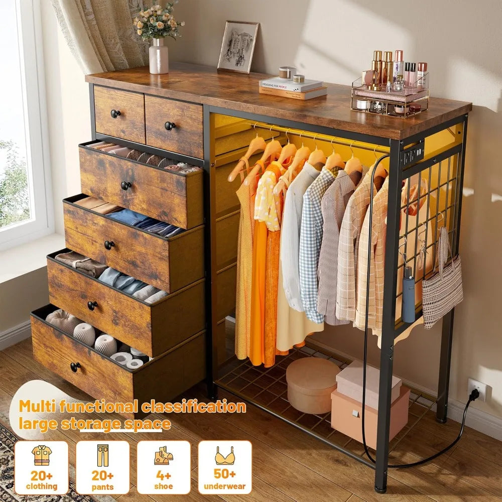 49.2" 6-Drawer Dresser with LED Lights, Charging Station, Fabric Storage Chest, Hanging Rack