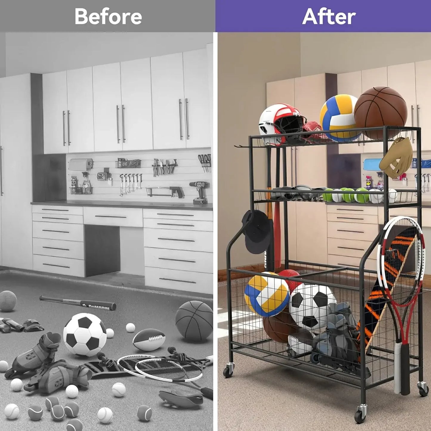 Garage Ball and Sports Equipment Organizer, Kids Ball Storage Rack Indoor/Outdoor.