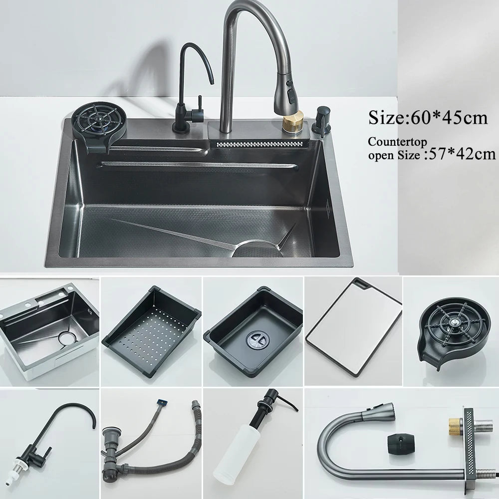 304 Stainless Steel Waterfall Kitchen Sink Set with Digital Faucet, Soap Dispenser & Cup Washer