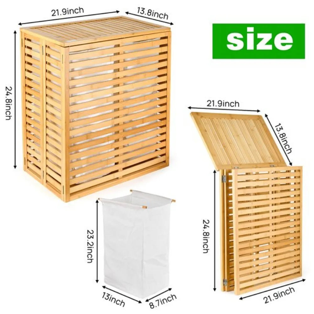 Foldable Bamboo Laundry Hamper with Lid, 2-Section Removable Liner