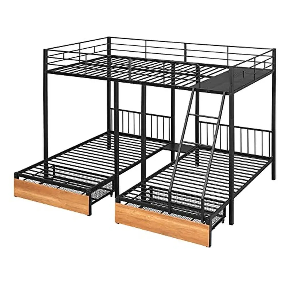 Metal Full/Twin Triple Bunk Bed with Guardrails & Drawers No Box Spring