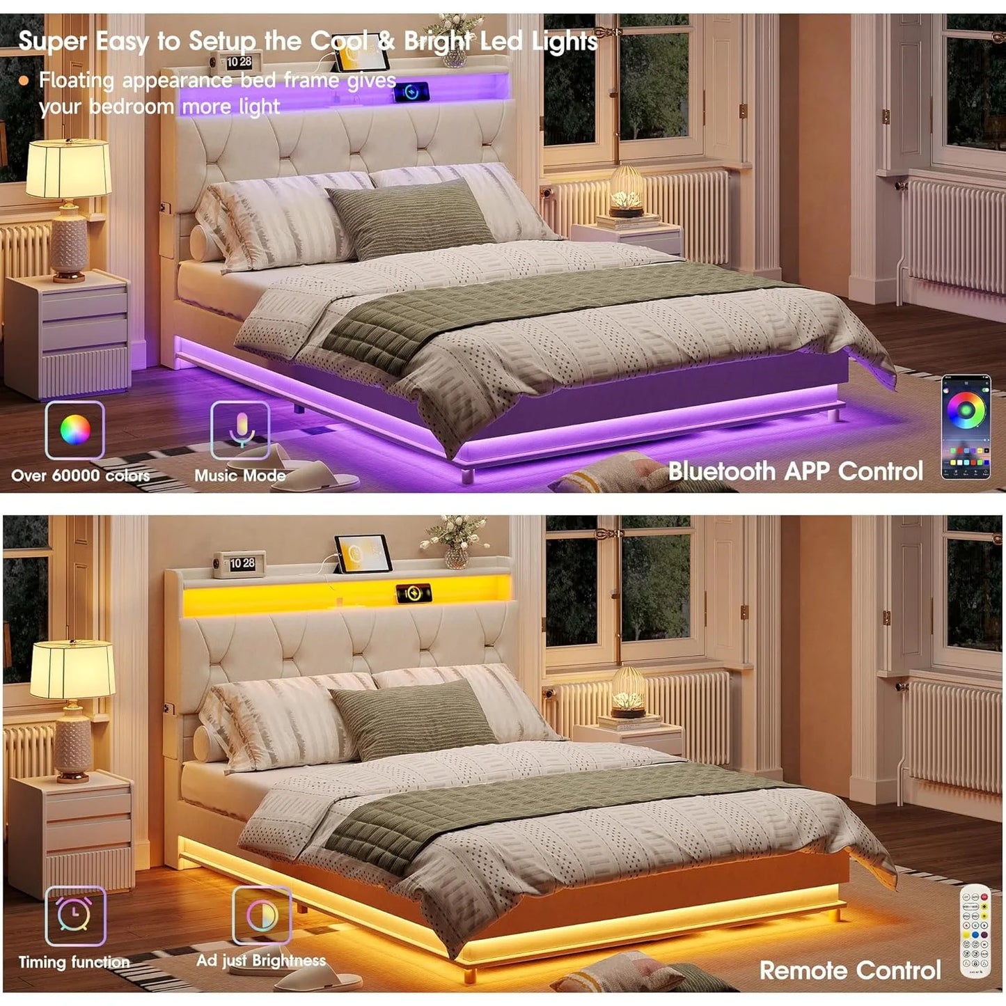 Queen Size Lift-Up Storage Bed with Headboard, LED, Charging Station