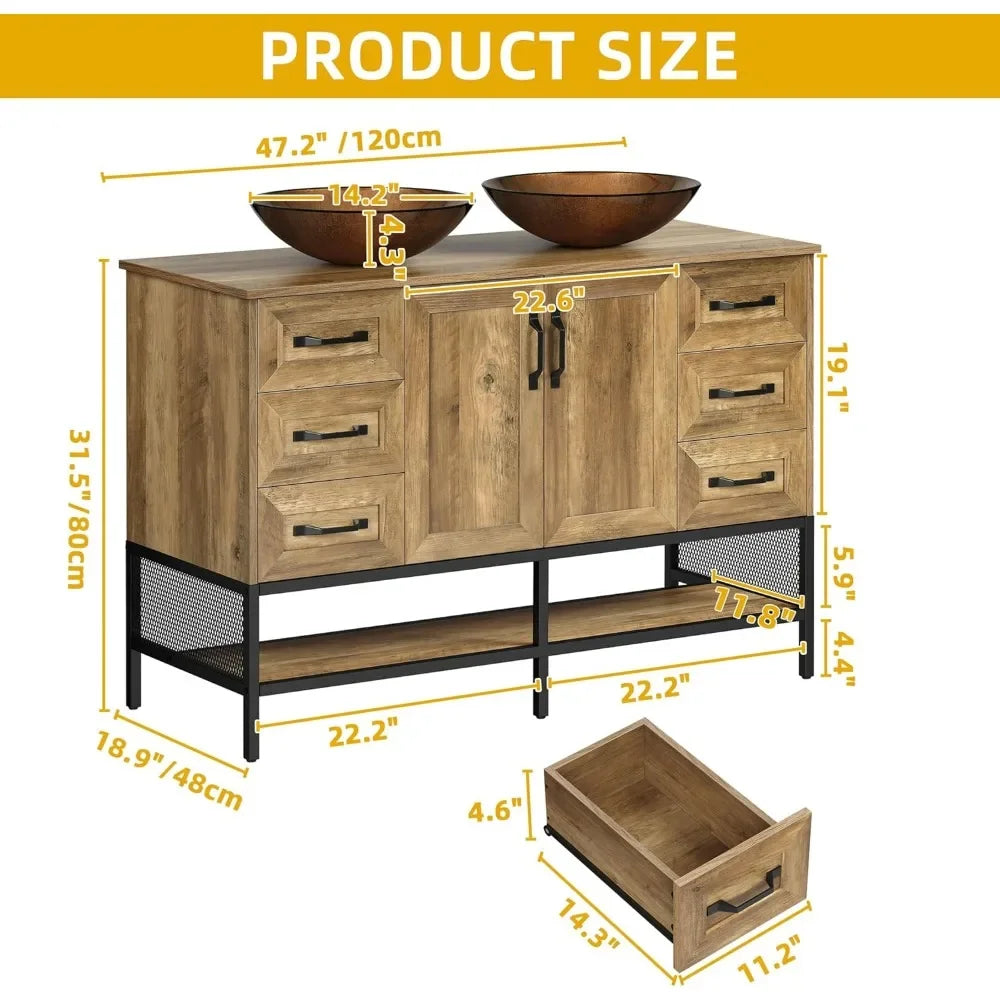 48" Double Rustic Bathroom Vanity Set with Double Sinks, Side Cabinet, Tempered Glass Vessel Sinks